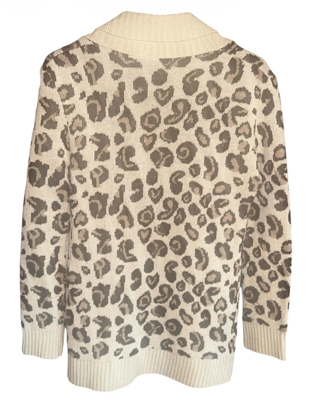 AnyBody Cream and Taupe Leopard-Print Open Front Cardigan. Fits XS/S